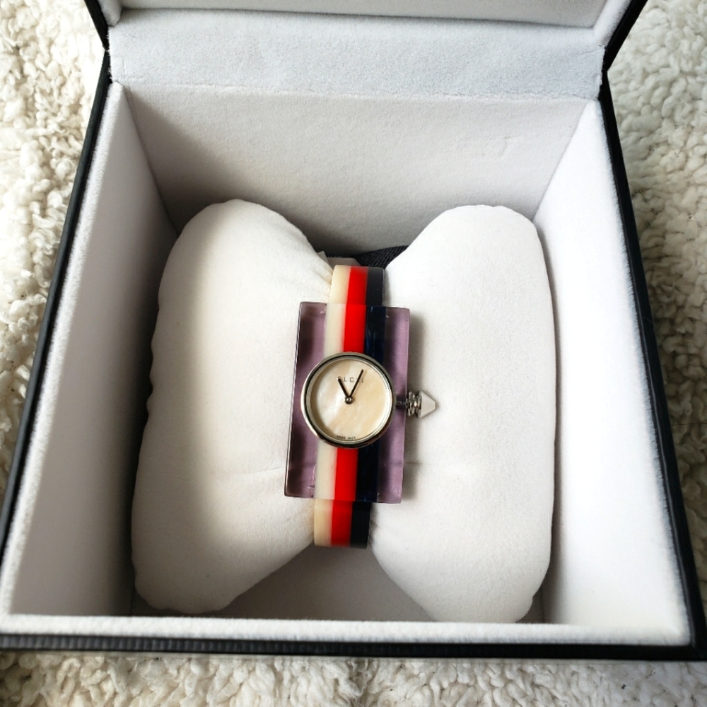 Gucci Mother of Pearl Plexiglass 24mm Quartz Watch Red White Blue